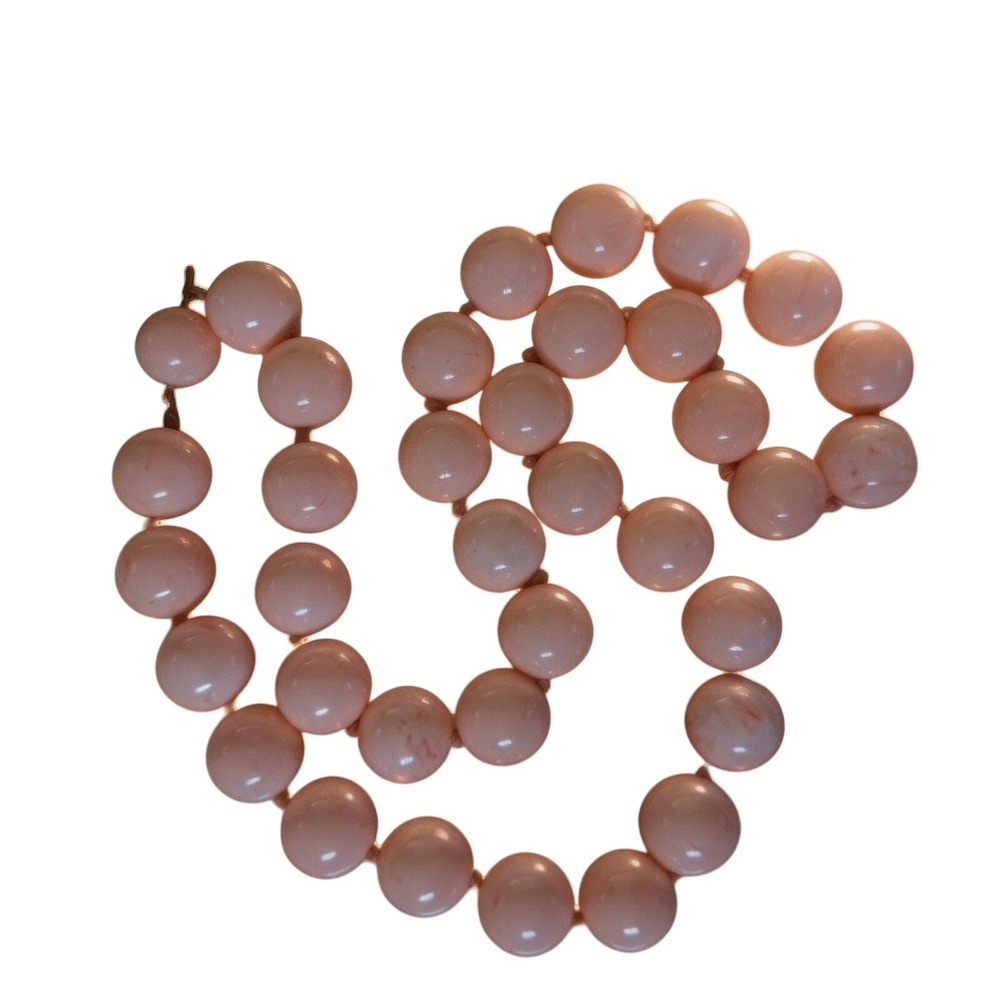 VTG Crown Trifari Blush Pink Hand Knotted Chunky Round Bead Necklace T Logo